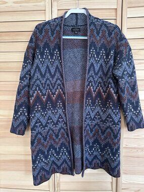 Lucky Brand Long Cardigan Women Medium Blue Wool Blend Open Front Boho Western